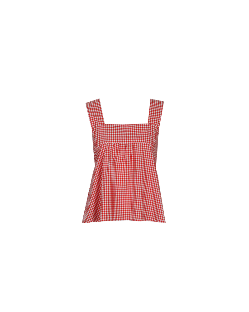 MARGIE TIE-BACK TOP RED GINGHAM | Cotton sleeveless top with a square band at the bust. Features a bow tie detail at the back and a cut out, the cutest summer top worn with your favourite...