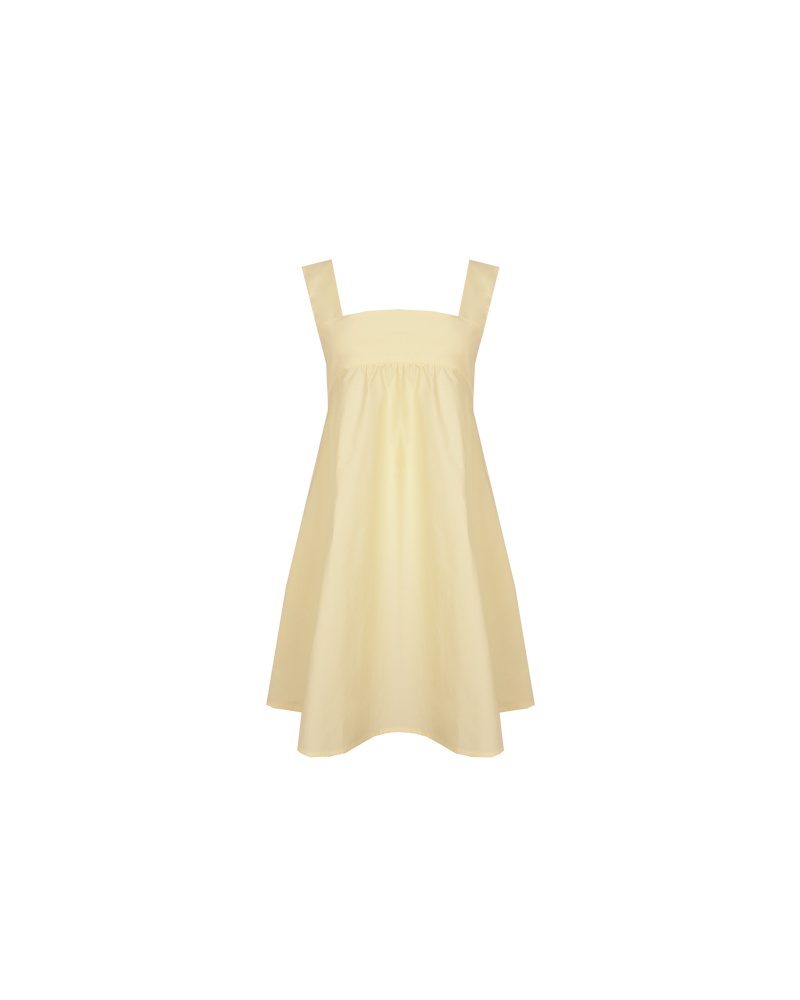 MARGIE TIE MINIDRESS BUTTER | Cotton mini dress with a square band bust. The skirt falls into an A-line shape with an exposed back and bow tie closure.