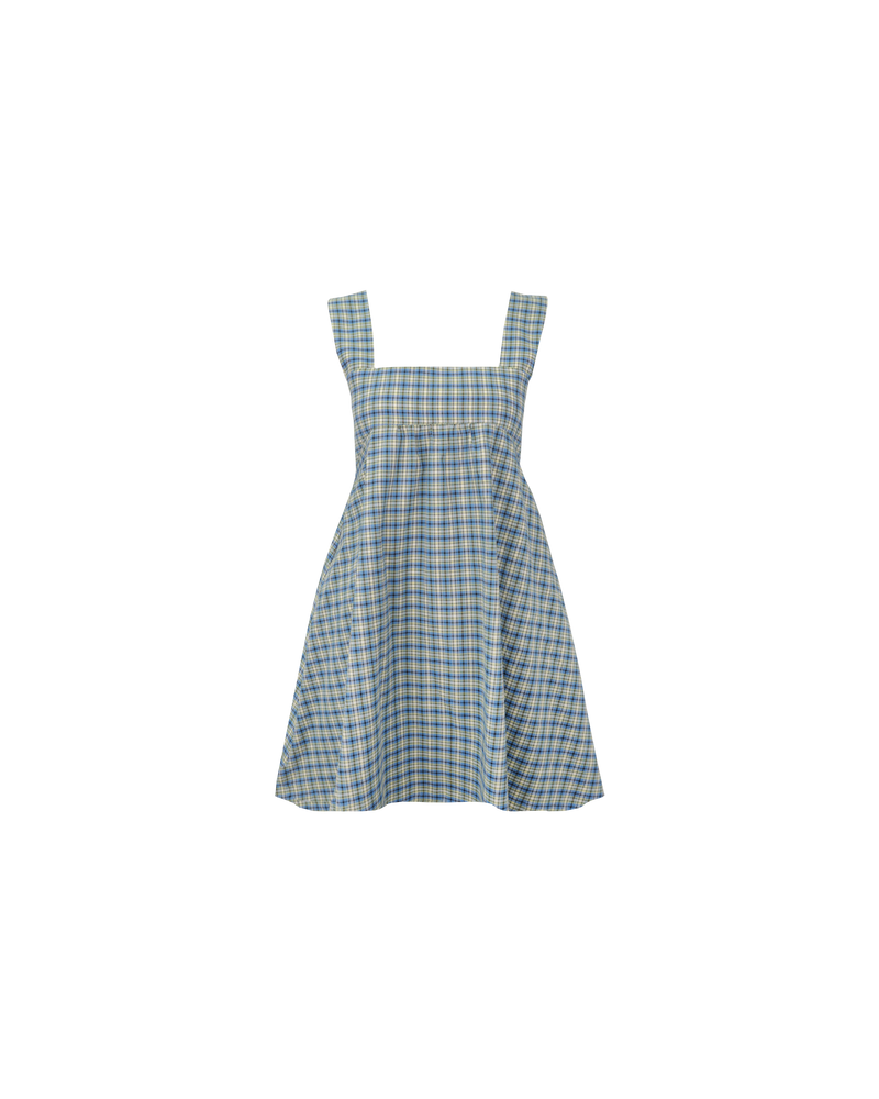 MARGIE TIE MINI DRESS BLUE YELLOW CHECK | Cotton mini dress with puff sleeves and with a square band bust. The skirt falls into an A-line shape with an exposed back and bow tie closure.
