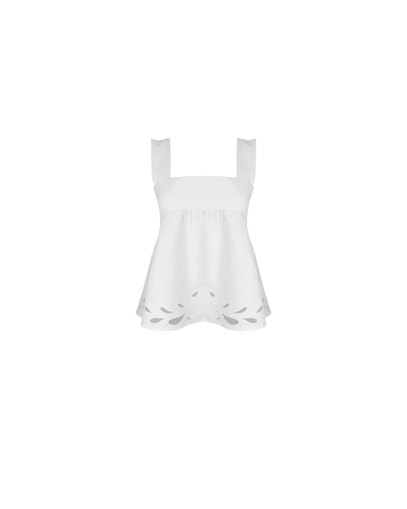 MARGIE TIE-BACK TOP WHITE EMBROIDERY | Sleeveless top with a square band at the bust, in a summery embroidered linen. Features a bow tie detail at the back and a cut-out, the cutest summer top worn...