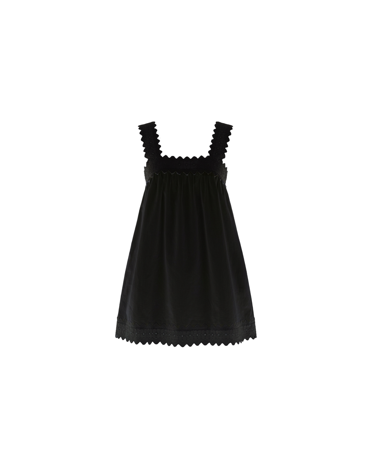 MARGIE COTTON LACE MINI DRESS BLACK | An update to our Margie Mini Dress crafted in a black organic cotton, with broderie detailing along the straps and across the bust. With a flowy silhouette through the body, this dress will keep you cute and cool in the...