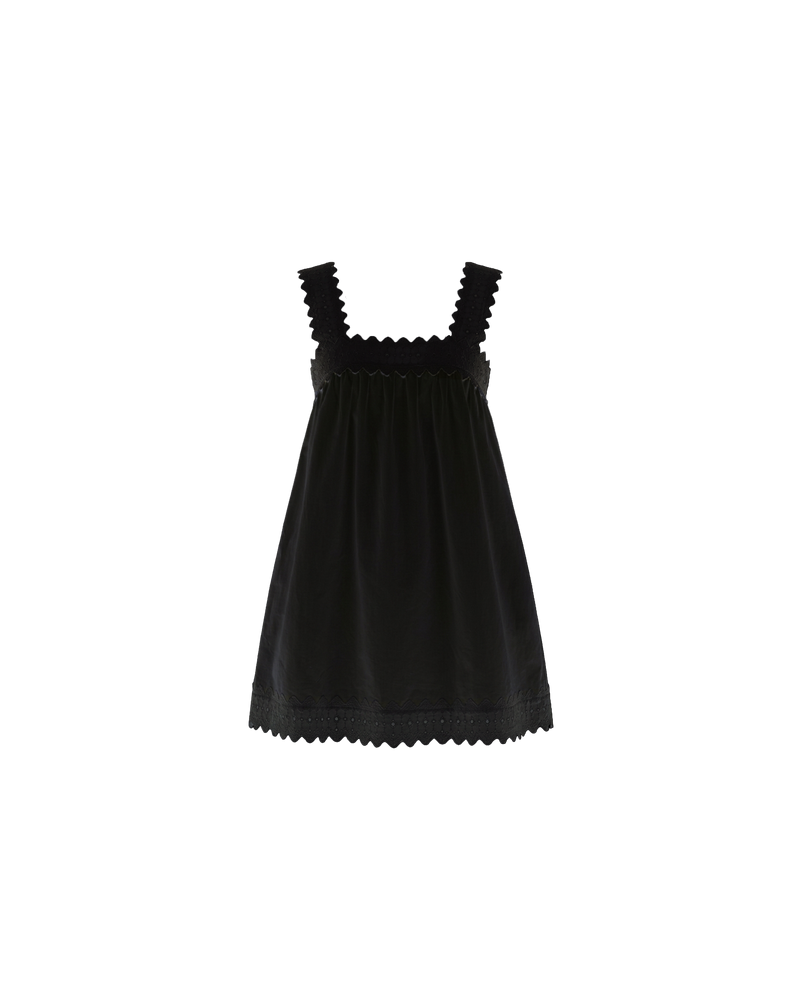 MARGIE COTTON LACE MINI DRESS BLACK | An update to our Margie Mini Dress crafted in a black organic cotton, with broderie detailing along the straps and across the bust. With a flowy silhouette through the body, this dress will keep you cute and cool in the...