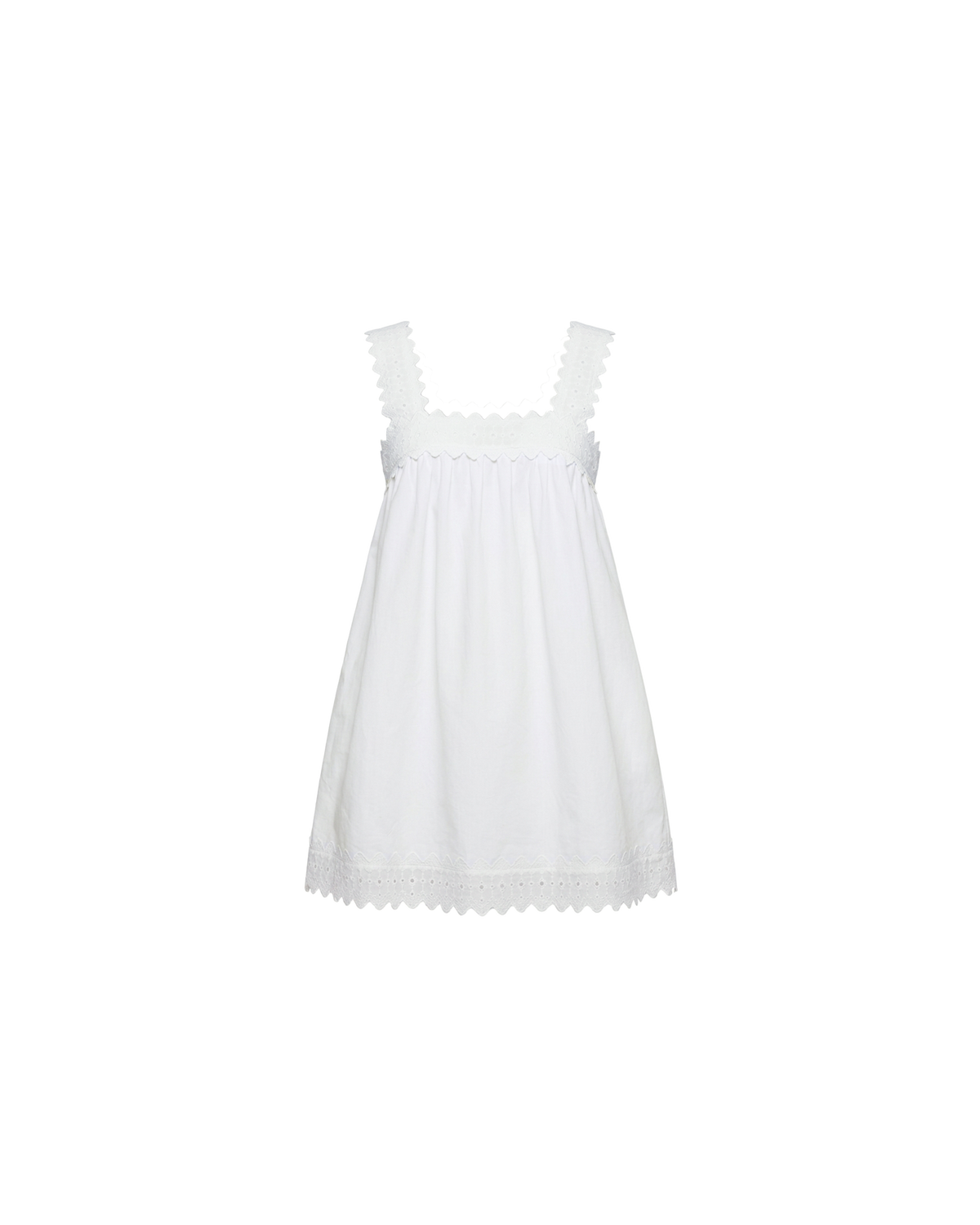 MARGIE COTTON LACE MINI DRESS WHITE | An update to our Margie Mini Dress crafted in a white organic cotton, with broderie detailing along the straps and across the bust. With a flowy silhouette through the body, this dress will keep you cute and cool in the...