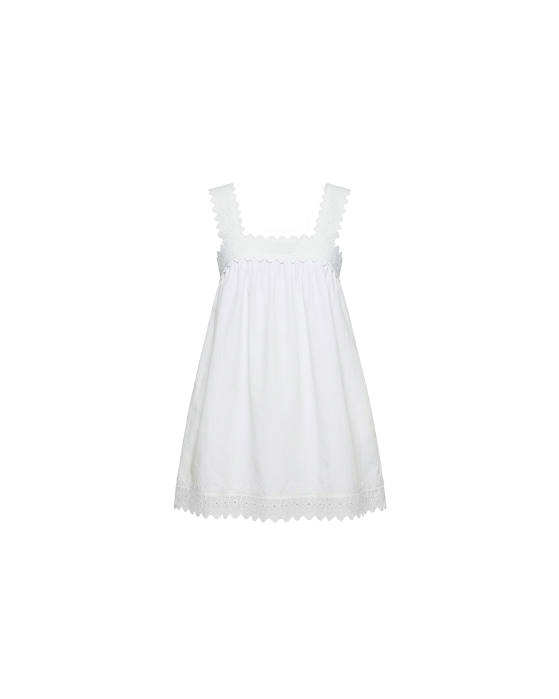 MARGIE COTTON LACE MINI DRESS WHITE | An update to our Margie Mini Dress crafted in a white organic cotton, with broderie detailing along the straps and across the bust. With a flowy silhouette through the body, this dress will keep you cute and cool in the...