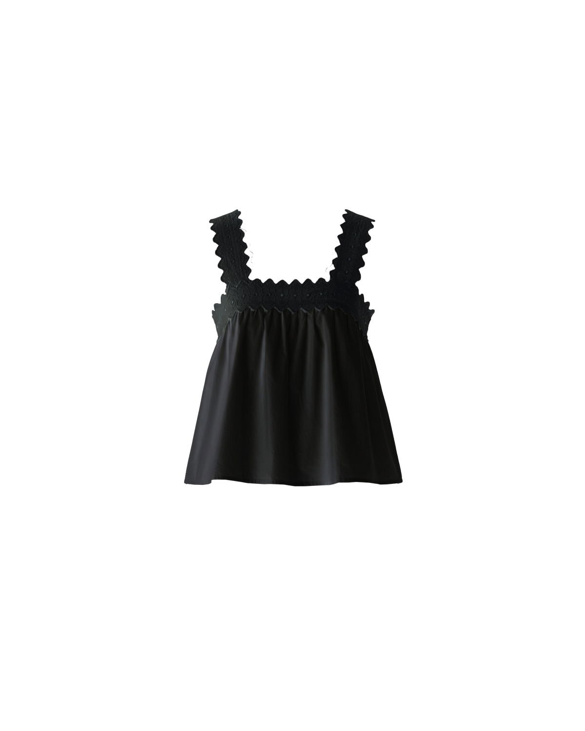 MARGIE COTTON LACE TOP BLACK | An update to our Margie Tie-back Top, this cami is crafted in a black organic cotton, with broderie detailing along the straps and across the bust. With a flowy silhouette through the body, this top will keep you cute and...