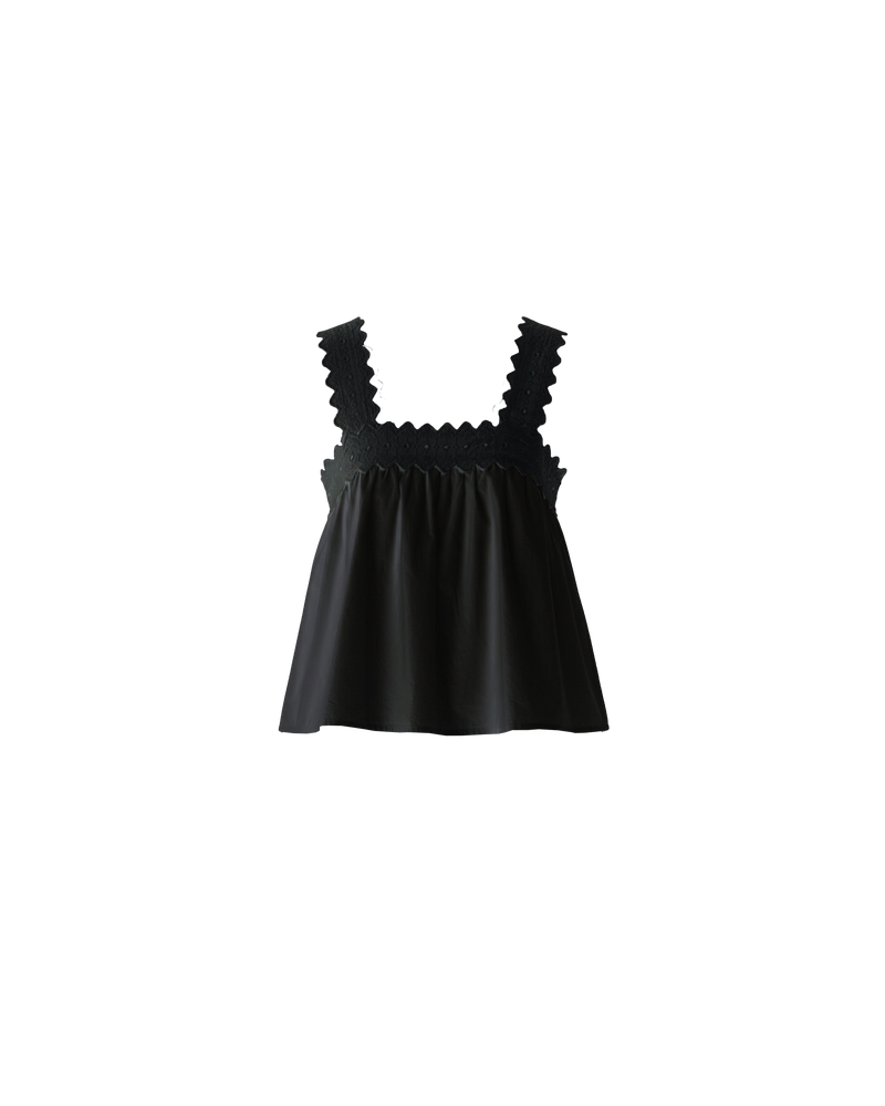 MARGIE COTTON LACE TOP BLACK | An update to our Margie Tie-back Top, this cami is crafted in a black organic cotton, with broderie detailing along the straps and across the bust. With a flowy silhouette through the body, this top will keep you cute and...