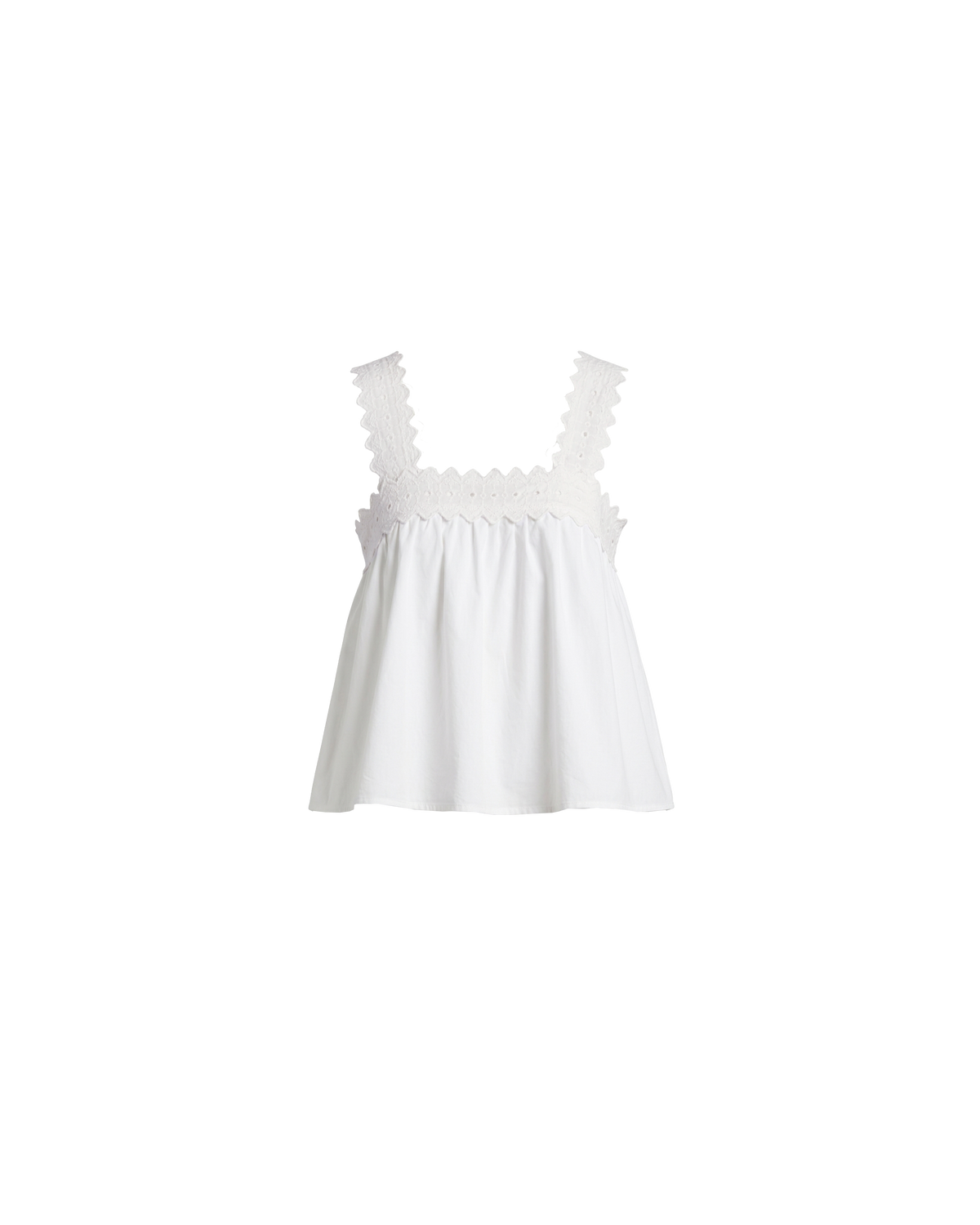 MARGIE COTTON LACE TOP WHITE | An update to our Margie Tie-back Top, this cami is crafted in a white organic cotton, with broderie detailing along the straps and across the bust. With a flowy silhouette through the body, this top will keep you cute and...