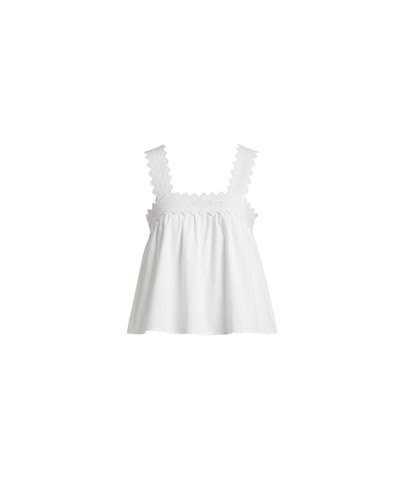 MARGIE COTTON LACE TOP WHITE | An update to our Margie Tie-back Top, this cami is crafted in a white organic cotton, with broderie detailing along the straps and across the bust. With a flowy silhouette through the body, this top will keep you cute and...