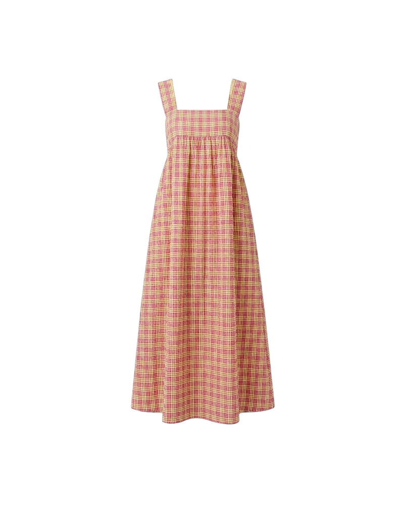 MARGIE TIE-BACK MAXI DRESS PINK YELLOW TARTAN | Versatile maxi dress with a square bust band, pockets and a feature back tie, designed in our organic cotton pink yellow tartan. With a flowy silhouette through the body, this dress will keep you cute and cool in the warmer...