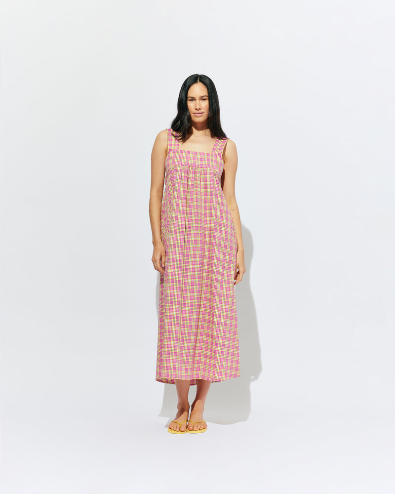 MARGIE TIE-BACK MAXI DRESS PINK YELLOW TARTAN | Versatile maxi dress with a square bust band, pockets and a feature back tie, designed in our organic cotton pink yellow tartan. With a flowy silhouette through the body, this dress will keep you cute and cool in the warmer...