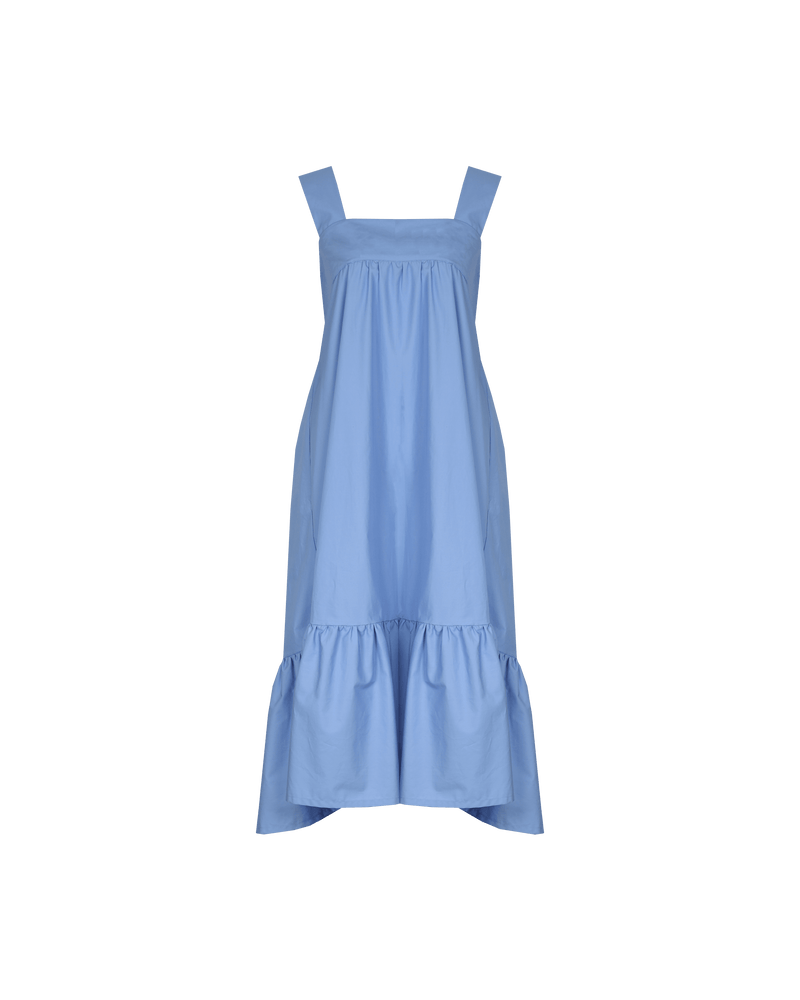 MARGIE TIE-BACK DRESS CORNFLOWER | Cotton maxi dress with a square band bust. The skirt falls into a ruffled tier hem with an exposed back and bow tie closure.