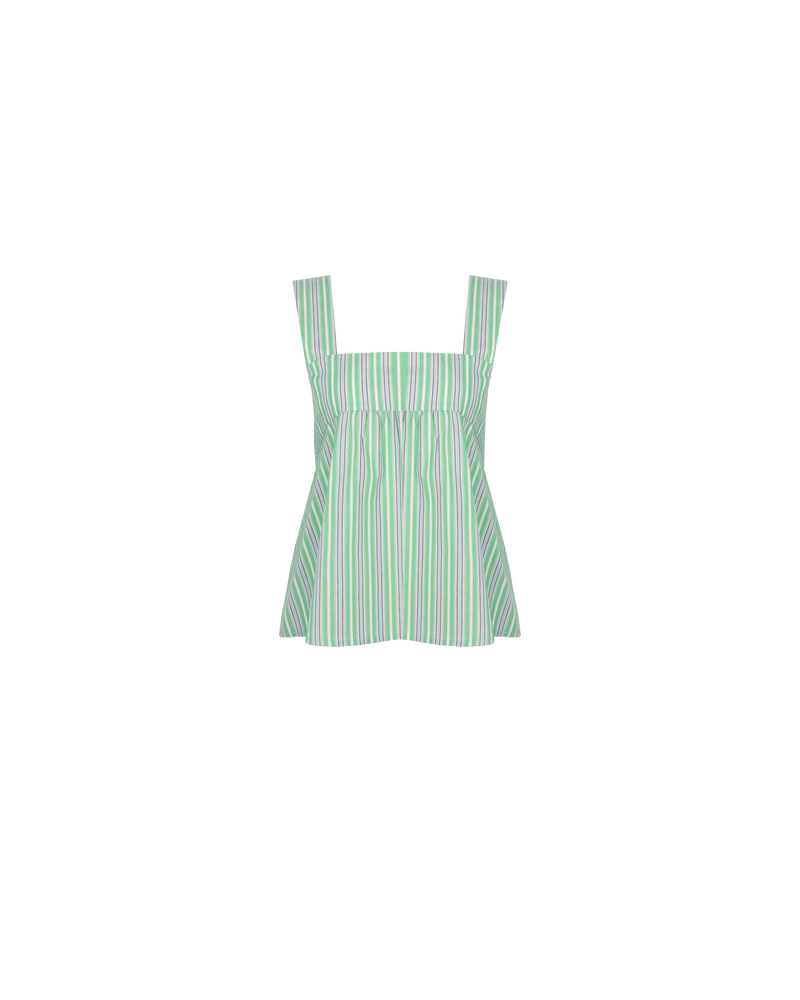 MARGIE TIE-BACK TOP GREEN STRIPE | Cotton sleeveless top with a square band at the bust. Features a bow tie detail at the back and a cut out, the cutest summer top worn with your favourite...