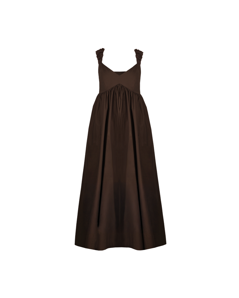 MARNIE MAXI DRESS JAVA | Babydoll maxi dress designed in a java coloured cotton. This dress features 'puff' ruched straps and bust detailing that falls to an A-line gathered mini skirt.