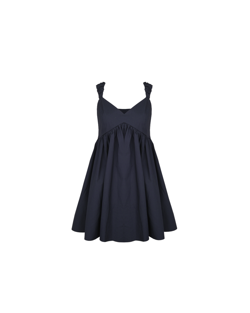 MARNIE MINIDRESS NAVY | Babydoll mini dress designed in a crisp navy cotton. This dress features 'puff' ruched straps and bust detailing that falls to an A-line gathered mini skirt.