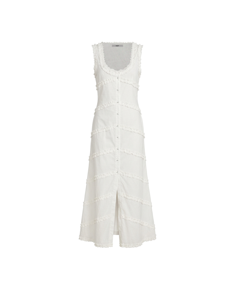 MARTHA MAXI DRESS WHITE | An update to our Martha Mini Dress, this dress is designed in an organic cotton, lined for minimal sheerness, and features ruffle detailing throughout. An essential addition to your wardrobe for any weather, or your new go-to vacation outfit. Style over...