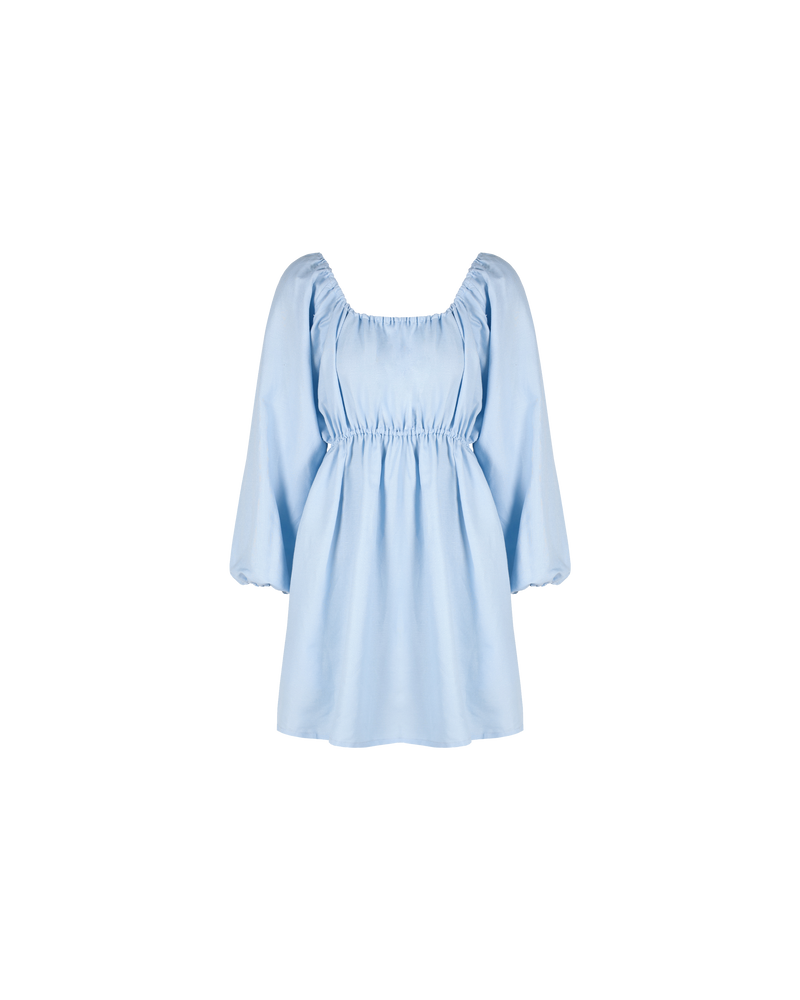 MATEA BABYDOLL DRESS BABY BLUE | Longsleeve linen babydoll dress with an elasticated neckline and waist that creates gathering throughout. Features a cross over detail at the back which adds to the delicate look of the...