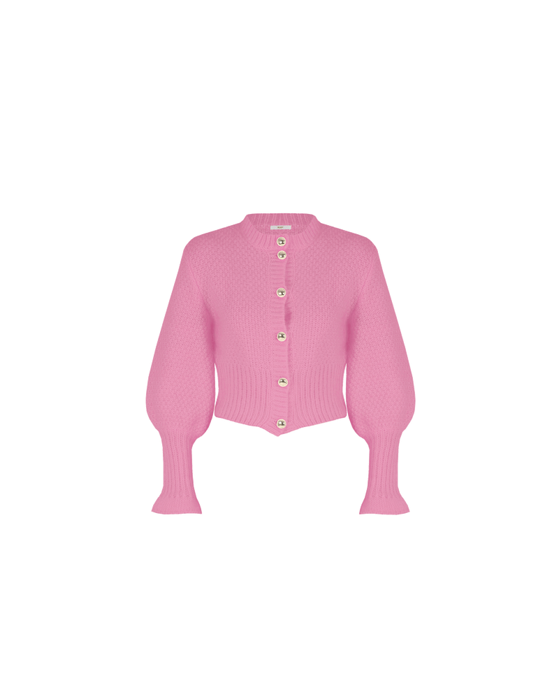 MATILDA CARDIGAN MACARON | Button down cardigan with gold metallic dome buttons and a slightly puff shouldered silhouette. This cardigan features an exaggerated flute cuff crafted in a chunky alpaca and wool blend.
