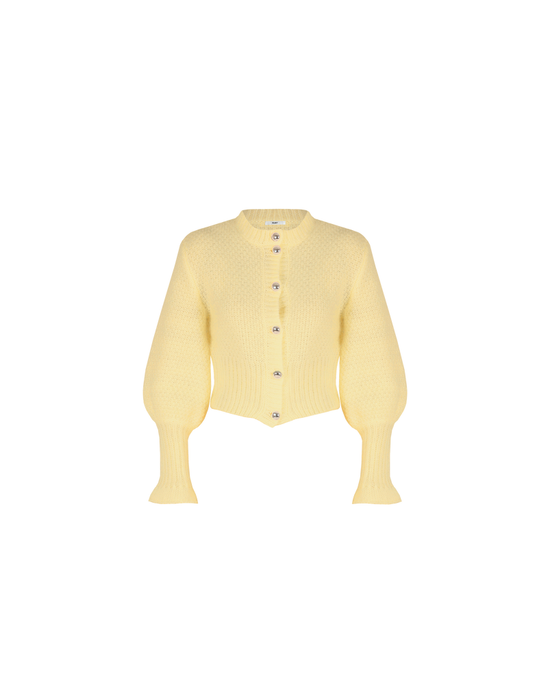 MATILDA CARDIGAN BUTTER | Button-down cardigan with gold metallic dome buttons and a slightly puff-shouldered silhouette. Features an exaggerated flute cuff crafted in a chunky mohair and wool blend.