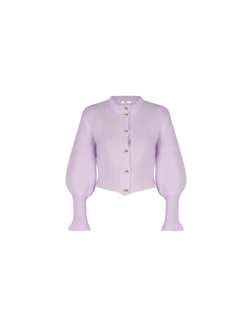 MATILDA CARDIGAN LILAC | Button-down cardigan with gold metallic dome buttons and a slightly puff-shouldered silhouette. Features an exaggerated flute cuff crafted in a chunky mohair and wool blend.