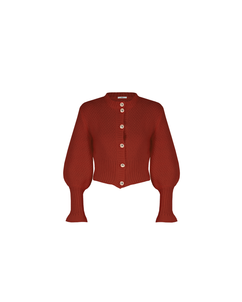MATILDA CARDIGAN PAPRIKA | Button-down cardigan with gold metallic dome buttons and a slightly puff-shouldered silhouette. Features an exaggerated flute cuff crafted in a chunky mohair and wool blend.