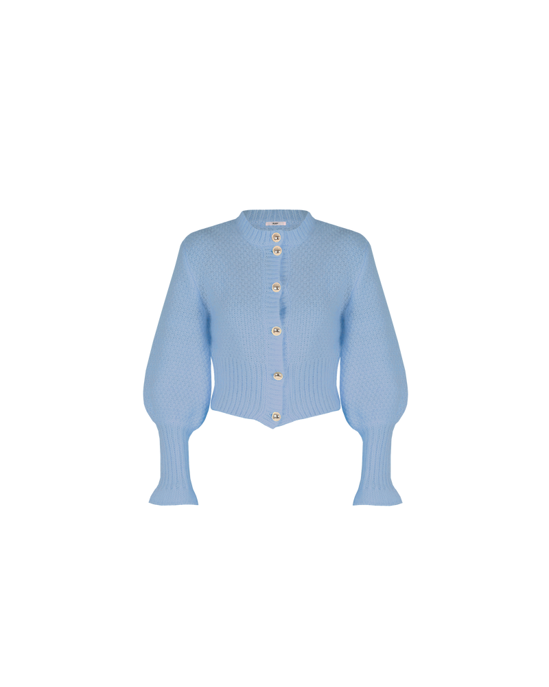 MATILDA CARDIGAN SKY BLUE | Button-down cardigan with gold metallic dome buttons and a slightly puff-shouldered silhouette. Features an exaggerated flute cuff crafted in a chunky mohair and wool blend.