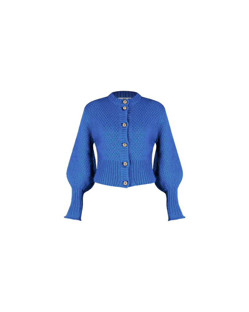 MATILDA CARDIGAN SAPPHIRE | 
Button down cardigan with gold metallic dome buttons and a slightly puff shouldered silhouette. Features an exaggerated flute cuff crafted in a chunky alpaca and wool blend.