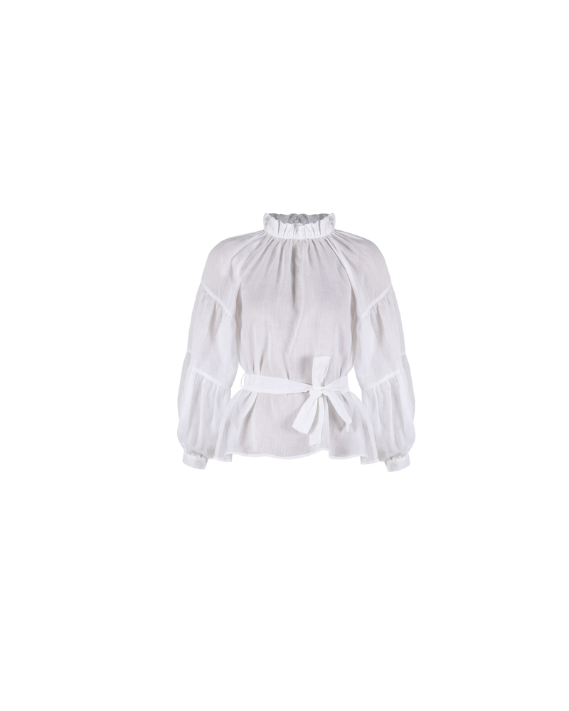 MAUDE RUFFLE BLOUSE WHITE | Relaxed fit blouse with a high ruffle neckline and a detachable waist tie, cut from light and semi translucent ramie. A gathered sleeve detail and a loose silhouette enhance the...