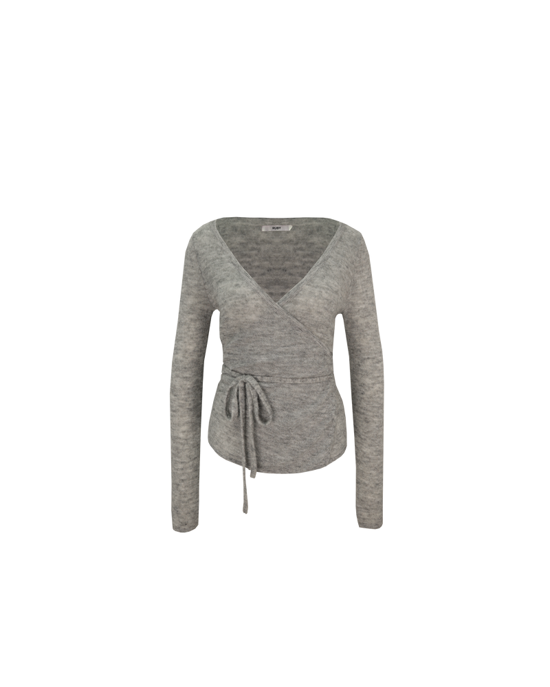 MELANIE WRAP CARDIGAN GREY MARLE | Reversible wrap-around style jumper knitted in a soft mohair blend. This jumper can be worn tied at the front or the back, the choice is yours!