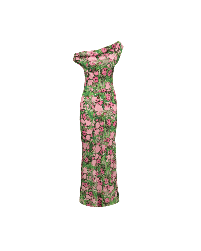 MELON MAXI DRESS AURORA FLORAL | Maxi slip dress with a cowl neckline, designed in our aurora floral crepe. Wear this dress on the shoulder or as a one-shoulder silhouette.
