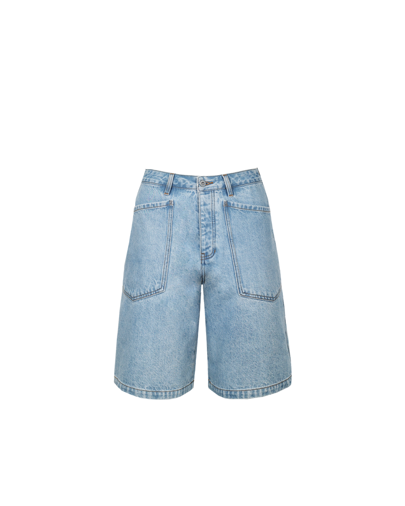 MERCI DENIM SHORT LIGHT BLUE | Long-line denim short designed in a light blue washed denim. These shorts have large feature pockets which add to the baggy, cargo style.