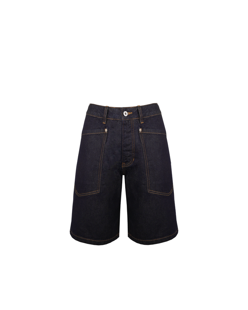 MERCI DENIM SHORT UNWASHED | Long-line denim short designed in a raw denim. These shorts have large feature pockets which add to the baggy, cargo style.