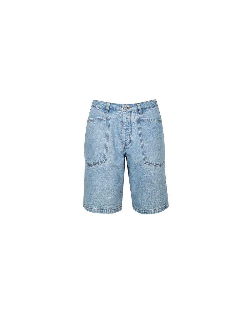 MERCI DENIM SHORT LIGHT BLUE | Long-line denim short designed in a light blue washed denim. These shorts have large feature pockets which add to the baggy, cargo style.