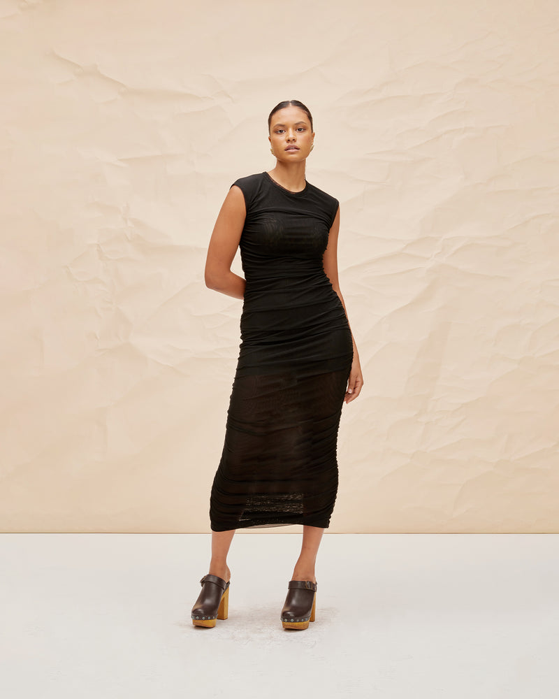 BOUNCE MESH TANK DRESS BLACK | Mesh tank style maxi dress in classic black. Features ruching down both side seams to create texture and shape whilst making you look seriously good.