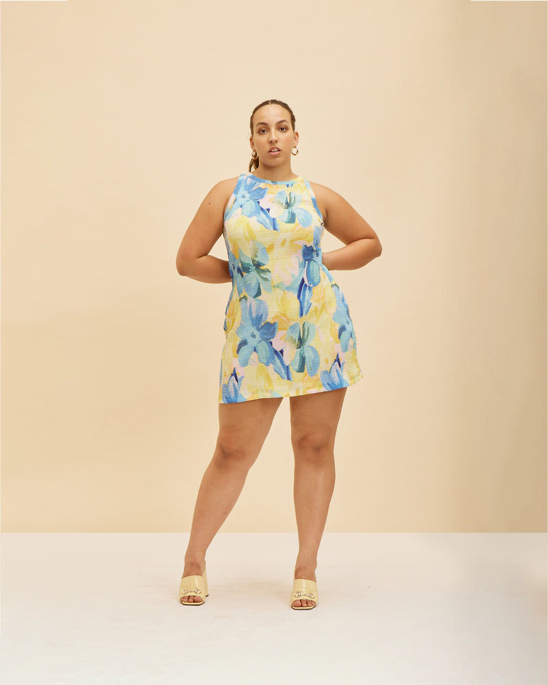 MIAMI CRINKLE MINIDRESS BUTTERCUP | Tank style minidress designed in vibrant crinkle buttercup floral fabric. This dress is slightly A-line in shape, creating a soft floaty look which compliments the floral print.