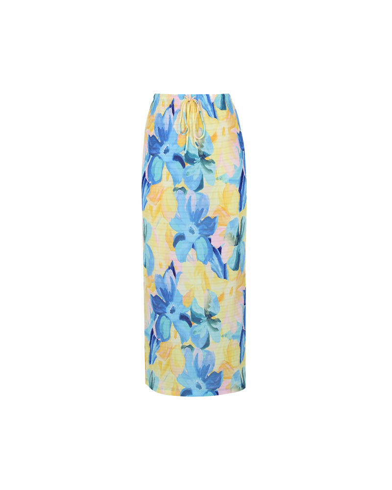 MIAMI CRINKLE SKIRT BUTTERCUP | Straight fit maxi skirt with an elasticated waistband that can be cinched in with a tie and a side split on one side. Crafted in our crinkle buttercup floral, this...