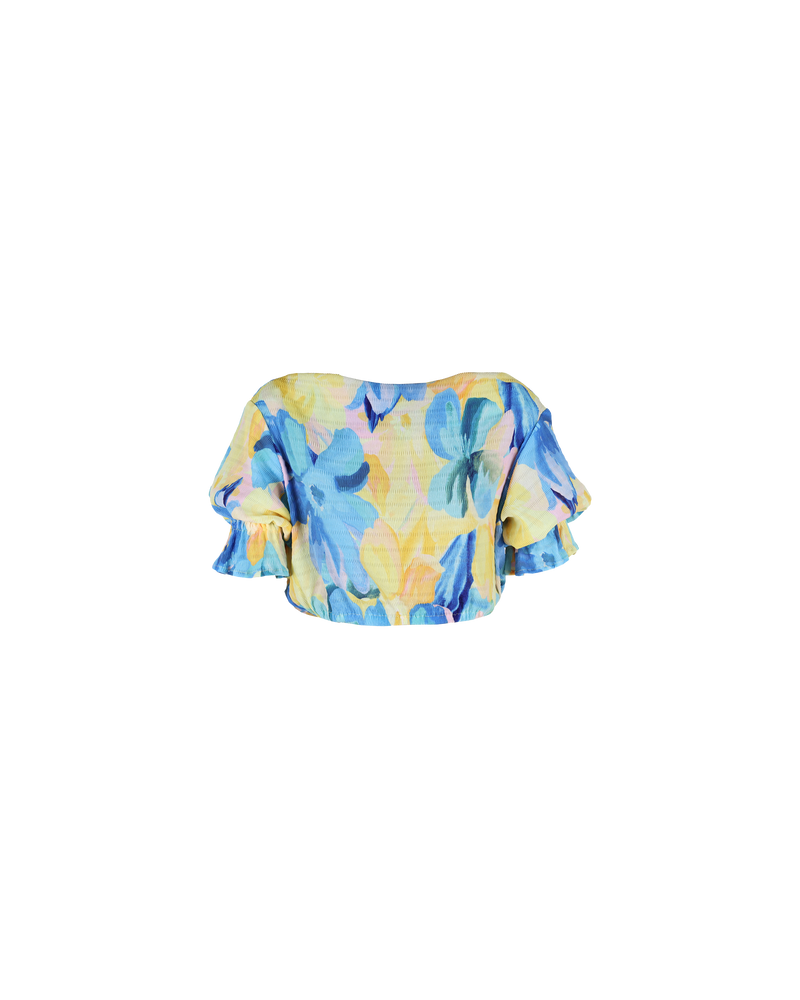 MIAMI CRINKLE TOP BUTTERCUP | Cropped blouse with a wide straight neckline, half-length sleeves with a frill and and elastic hem at the waist allowing the length to be adjusted depending on where the waist...
