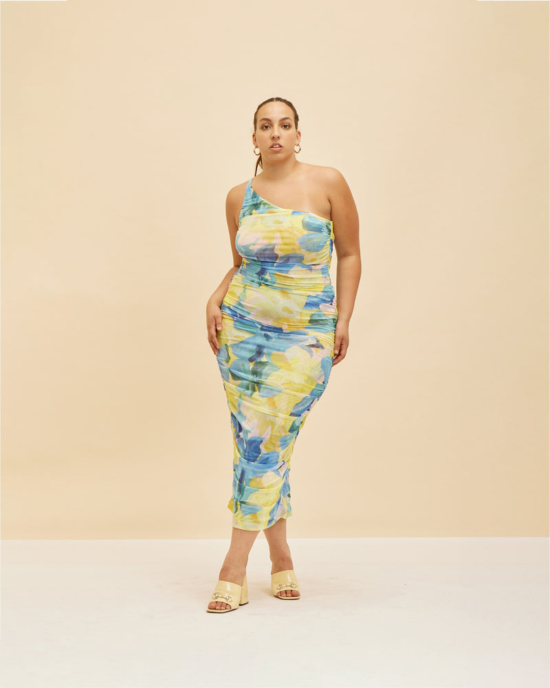 MIAMI MESH DRESS BUTTERCUP | One shoulder mesh maxi dress in our buttercup floral print. Features ruching down both side seams to create texture and shape whilst making you look seriously good.
