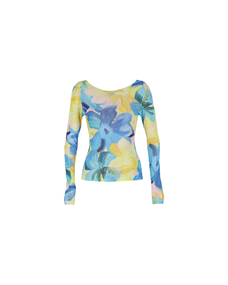 MIAMI MESH LONG SLEEVE BUTTERCUP | Form fitting stretchy mesh long sleeve in our buttercup floral print. This top is sheer, making it the perfect playful layering piece.