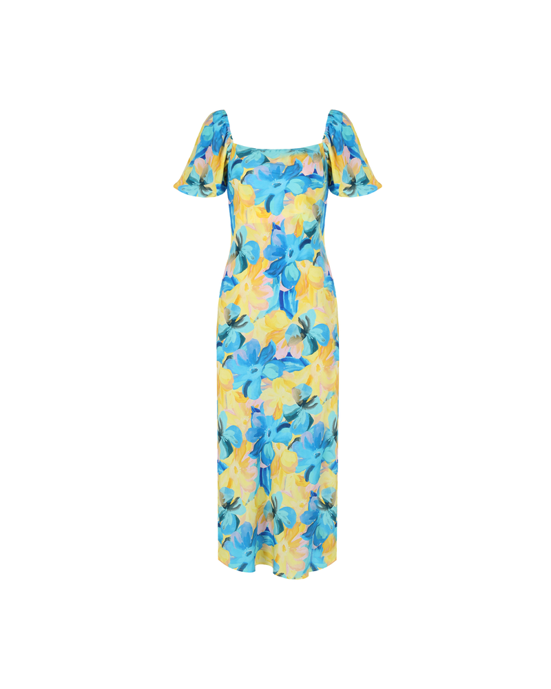 MIAMI SILK MIDI DRESS BUTTERCUP | Bias cut silk midi dress designed in a vibrant buttercup floral. Features a straight neckline and puff sleeves that compliment the floral print.