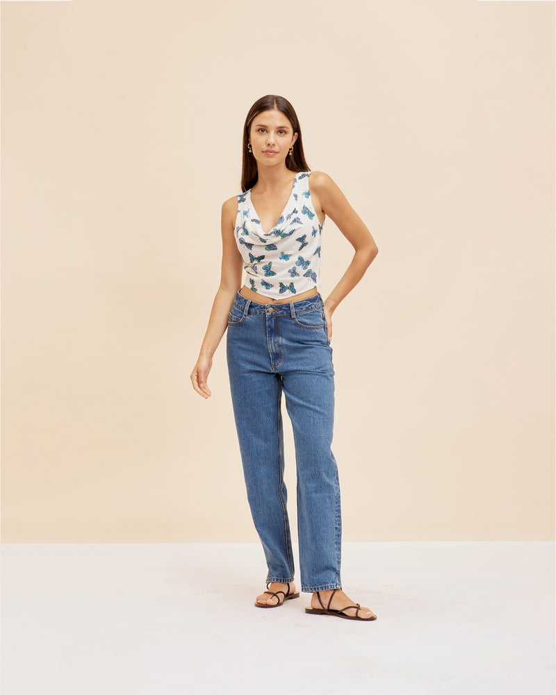 MIA TOP BUTTERFLY | Handkerchief style cowl neck crop crafted in our vintage butterfly print. This crop features wide straps and back coverage to be able to wear a bra if you wish.