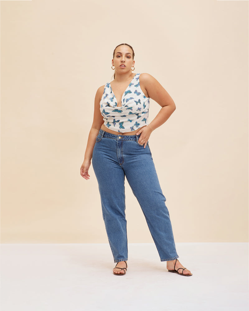 MIA TOP BUTTERFLY | Handkerchief style cowl neck crop crafted in our vintage butterfly print. This crop features wide straps and back coverage to be able to wear a bra if you wish.