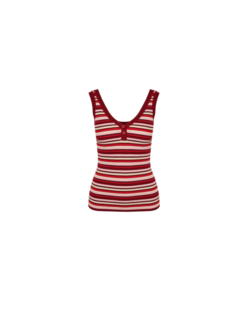 MILLA TANK BURGUNDY PINK STRIPE | V-neck tank designed in a burgundy and pink striped knit. This tank features dome snap buttons down the centre front and has a soft hand feel.
