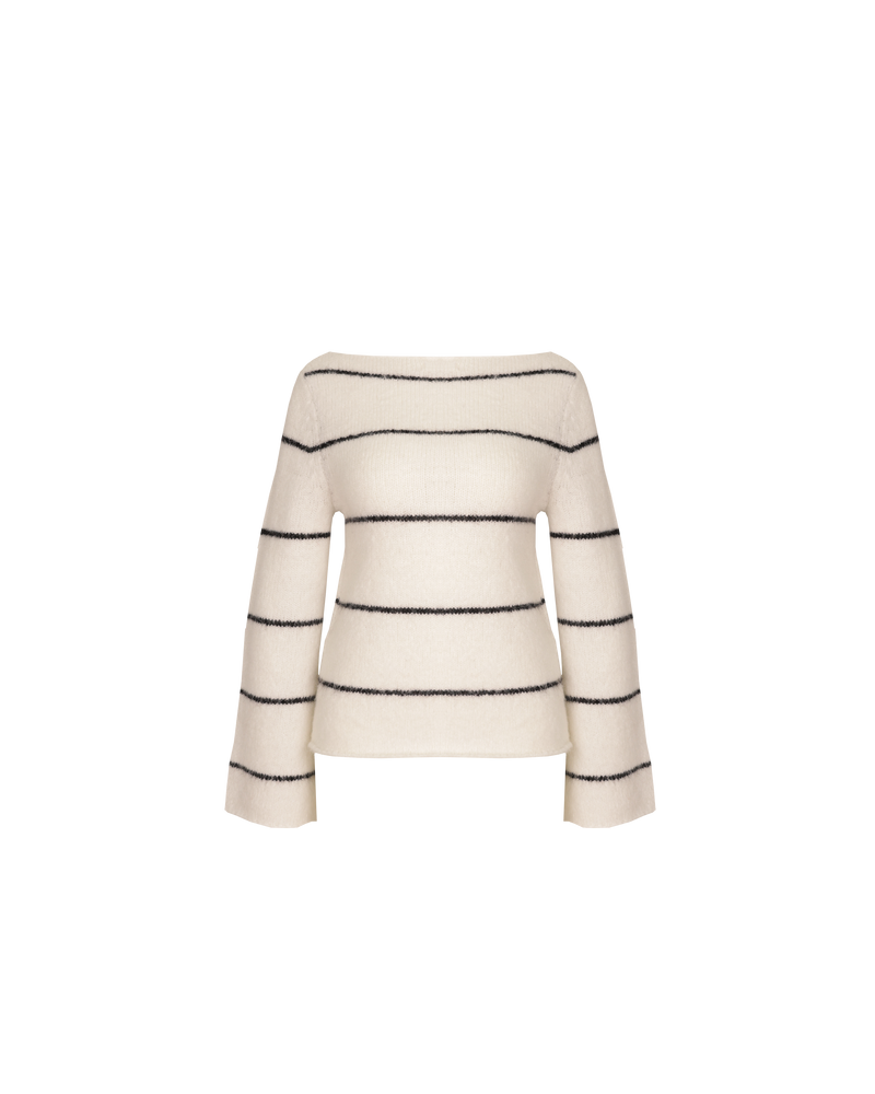 MILO SWEATER IVORY STRIPE | 90's inspired striped vest designed in a soft and fluffy wool blend. This vest has a high boat-style neckline and narrow black stripes on an ivory base, perfectly paired with...