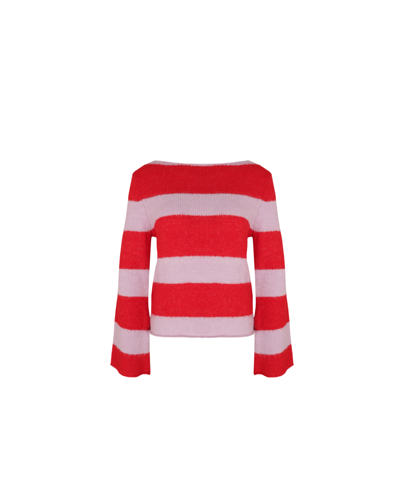 MILO SWEATER PINK CHERRY STRIPE | 90's inspired striped sweater knitted in a soft fluffy wool blend in a pink and cherry stripe. Features flared sleeves and a mid-weight which makes it great for layering as...