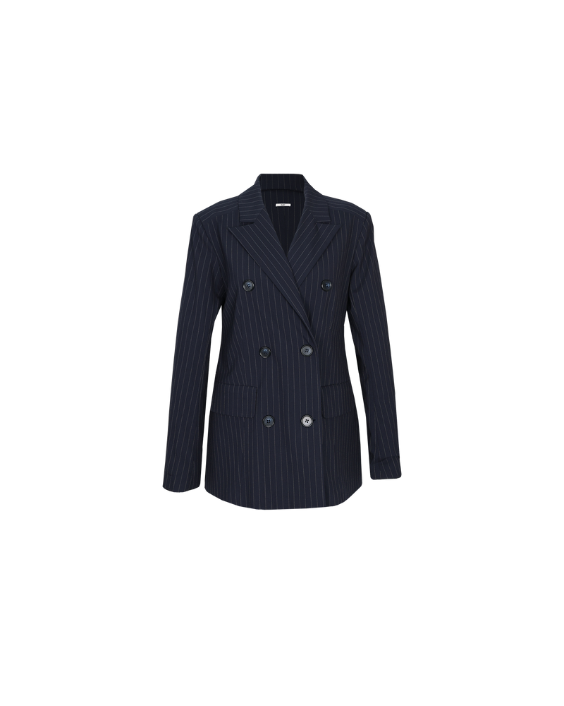 MILO BLAZER NAVY PINSTRIPE | Double breasted blazer designed in a deep navy pinstripe fabric with tonal buttons. Designed for a relaxed fit, this blazer is a timeless wardrobe staple.