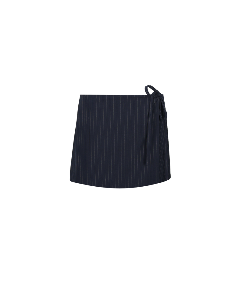 MILO MINISKIRT NAVY PINSTRIPE | Wrap miniskirt designed in a navy pinstripe fabric. This skirt is versatile in that it can be worn high or low waisted, as a set with the matching Milo Bodice or on its...