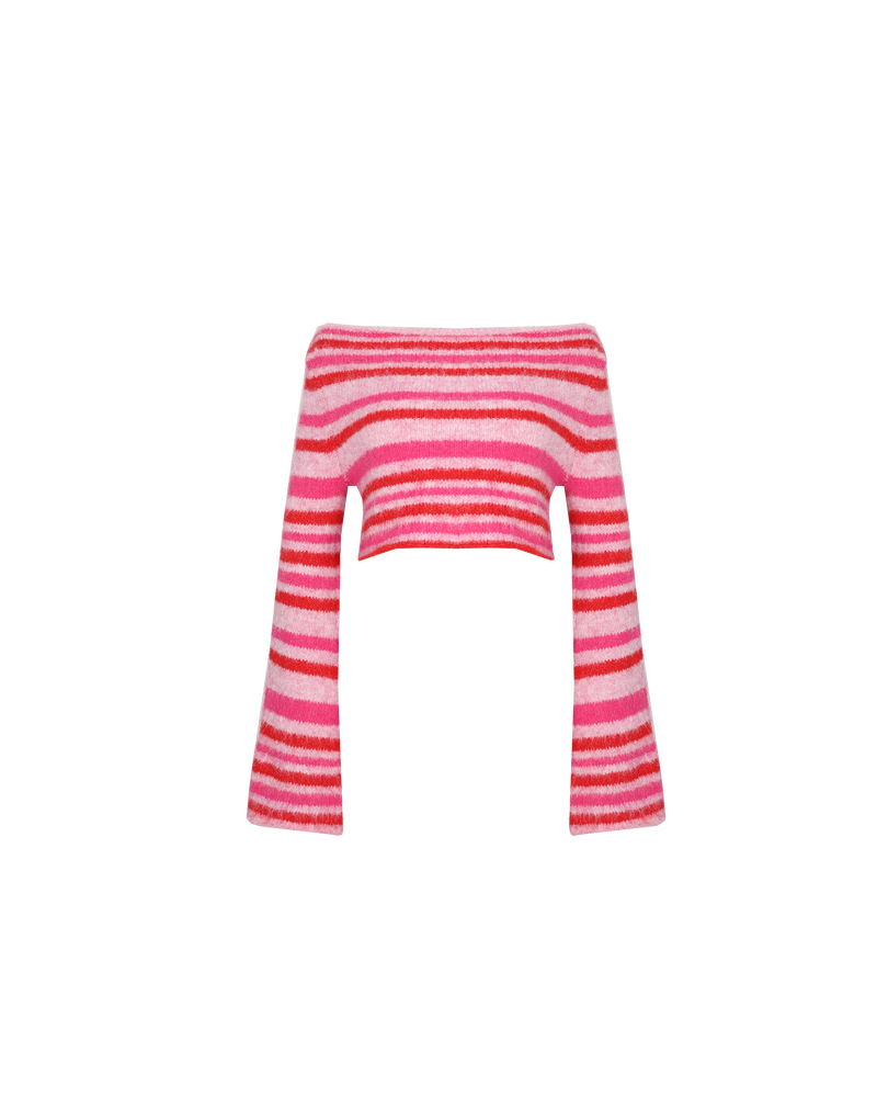 MILO CROP SWEATER PINK STRIPE | 90's inspired striped crop sweater knitted in a soft fluffy poly blend. Features flared sleeves and a mid weight which make it great for layering as the weather cools.