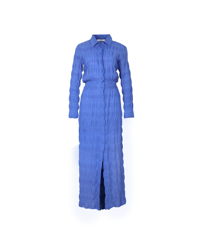 MIRELLA SHIRT DRESS PERIWINKLE | 
Button down shirt dress with self fabric buttons designed in our signature Mirella fabric. Has an elasticated waist that falls to a soft a-line skirt.