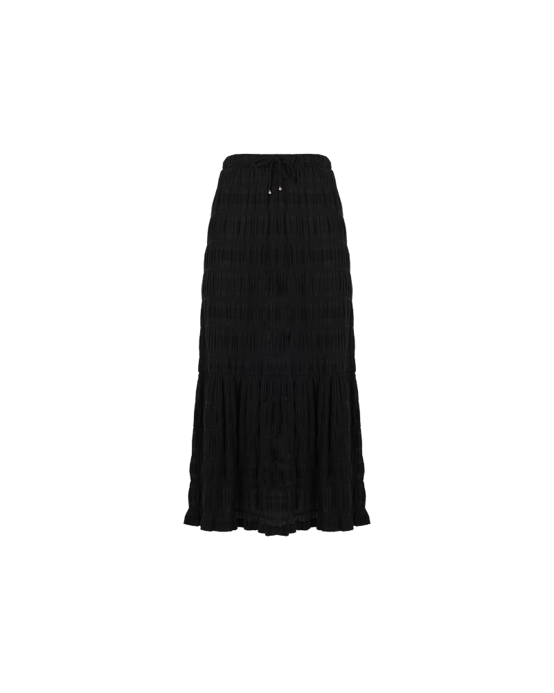 MIRELLA MAXI SKIRT BLACK | Tiered maxi skirt with a drawstring waist and tonal ties with gold hardware. Made in signature RUBY Mirella fabric, a delicate embroidered cotton that adds a light an airy aesthetic...