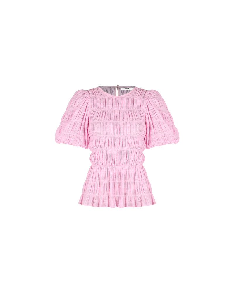 MIRELLA PUFF SLEEVE BLOUSE PINK | Cropped cotton blouse with puff sleeves. A square neckline and elasticated hems make this perfect for styling crafted in signature RUBY Mirella fabric, a delicate embroidered cotton.